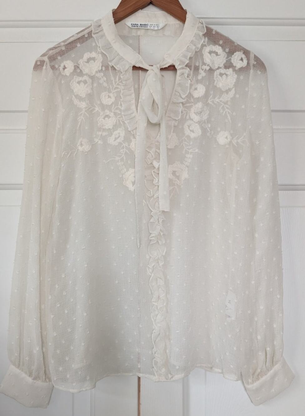 Zara Swiss Dot Tie Neck Embroidered Sheer Ivory Blouse